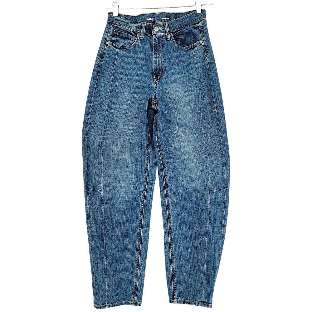 Old Navy Barrel Leg Jeans 4 Tall Womens Blue High Rise Baggy Seams Denim Skater
